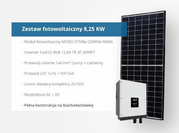 Zestaw fotowoltaiczny PV 8,25 kW CZARNA RAMA blachodachówka 2 rzędy po 11 paneli Astronergy 375Wp inwerter FoxESS T8.0-1