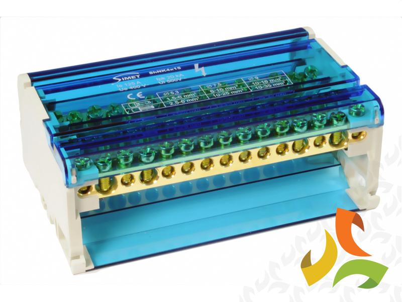 Blok rozdzielczy modułowy 4-biegunowy 4x(11x6 mm2/2x25 mm2) TS35 niebieski ShNK4x15 85138002 SIMET