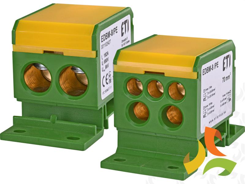 Blok rozdzielczy 1-biegunowy 192A (2x4-70 mm2/2x4-35 mm2+3x25-25 mm2) TH35 żółto-zielony EDBM-8/PE 001102427 ETI