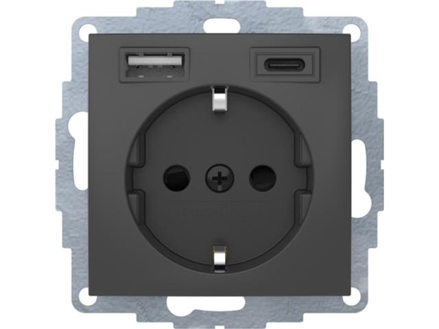 B.x Gniazdo z uziemieniem SCHUKO z ładowarką USB A +C 2.4/3.0 A samozaciski antracyt mat 48041606 HAGER