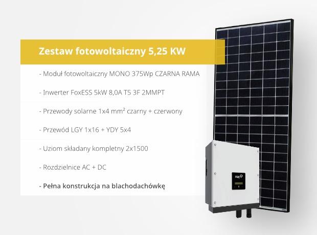 Zestaw fotowoltaiczny PV 5,25 kW CZARNA RAMA blachodachówka 2 rzędy po 7 paneli Astronergy 375Wp inwerter FoxESS T5.0-1
