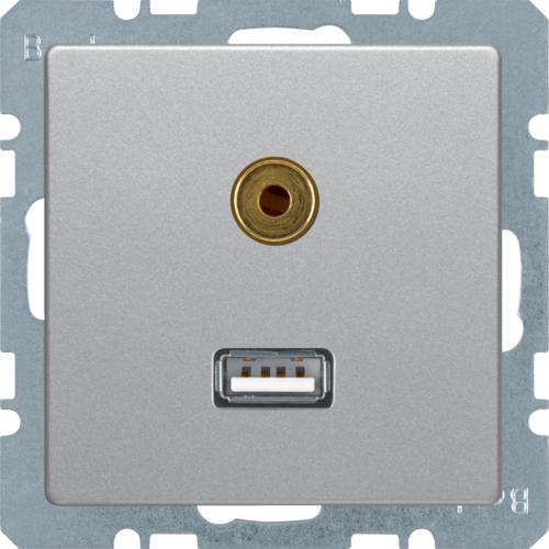 BERKER Q.1/Q.3/Q.7 Gniazdo multimedialne USB/3.5mm audio aluminium aksamit lakierowany 3315396084 HAGER