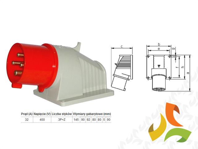 Wtyczka izolacyjna stała kątowa 32A/4p/400V wtyk siłowy IP44 3643-220 TAREL