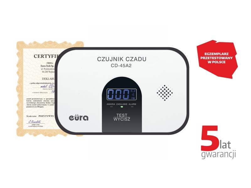 Czujnik czadu ''Eura'' CD-45A2 5 lat gwarancji DC 3V wyświetlacz LCD wolnostojący A21A445 EURA-TECH