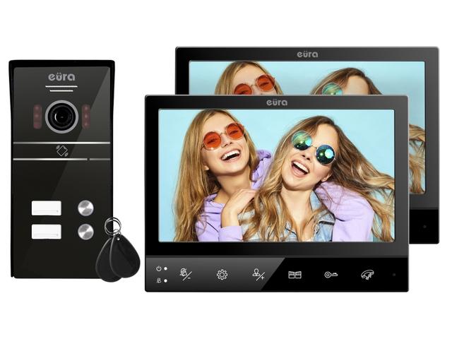 Wideodomofon "EURA" VDP-80C5 dwurodzinny czarny 2x LCD 7'' FHD obsługa 2 wejść kamera 1080p. czytnik RFID natynk C51A180 EURA-TECH