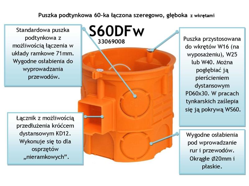 Puszka podtynkowa S60DFw 60 mm głęboka szeregowa z wkrętami pomarańczowa 33069008 SIMET-4