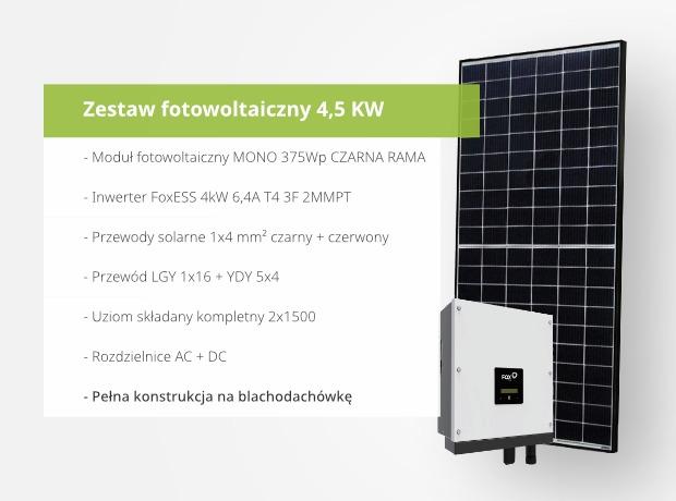 Zestaw fotowoltaiczny PV 4,5 kW CZARNA RAMA blachodachówka 2 rzędy po 6 paneli Astronergy 375Wp inwerter FoxESS T4.0-1
