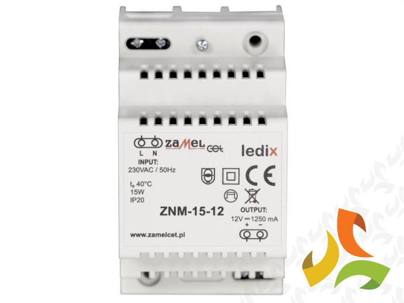 Zasilacz LED modułowy 12V DC 15W TYP: ZNM-15-12 na szynę DIN ZNM-15-12 ZAMEL