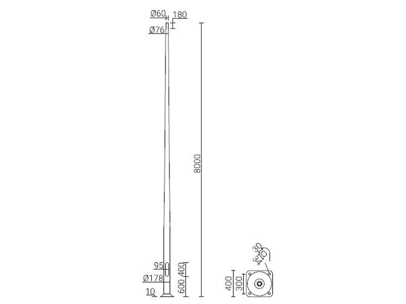 Słup 8m SAL-80K anodowany inox o średnicy fi178 mm przy podstawie oraz zakończeniu Fi60 mm 42630/C45 ROSA-1