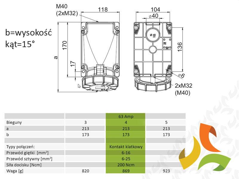 Gniazdo wtykowe izolacyjne stałe 63A/4p/400V gniazdo siłowe kątowe IP67 134-6 TWIST PCE-1